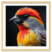 Close Up Of Colorful Bird With Red Orange Yellow Feathers