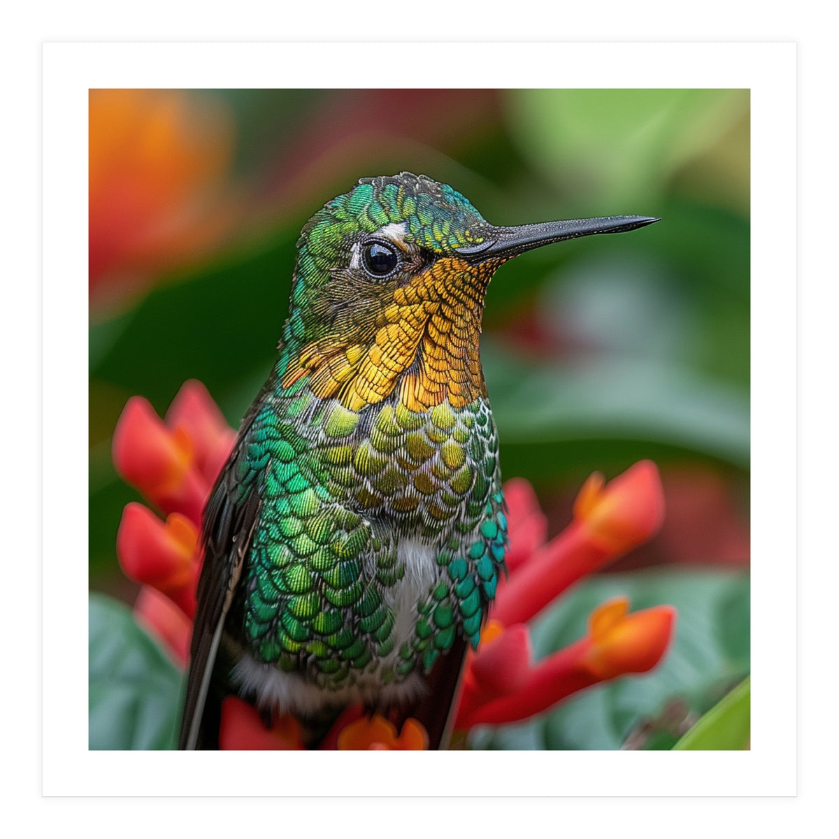 Close Up Of A Hummingbird On Red Flowers (Print Only)