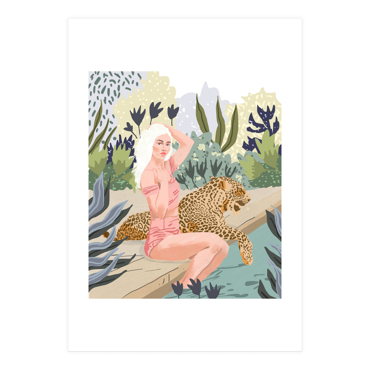 How to Train Your Leopard, Wild Cat Bohemian Woman Painting, Swimming Pool Bikini Summer Swim Animal (Print Only)