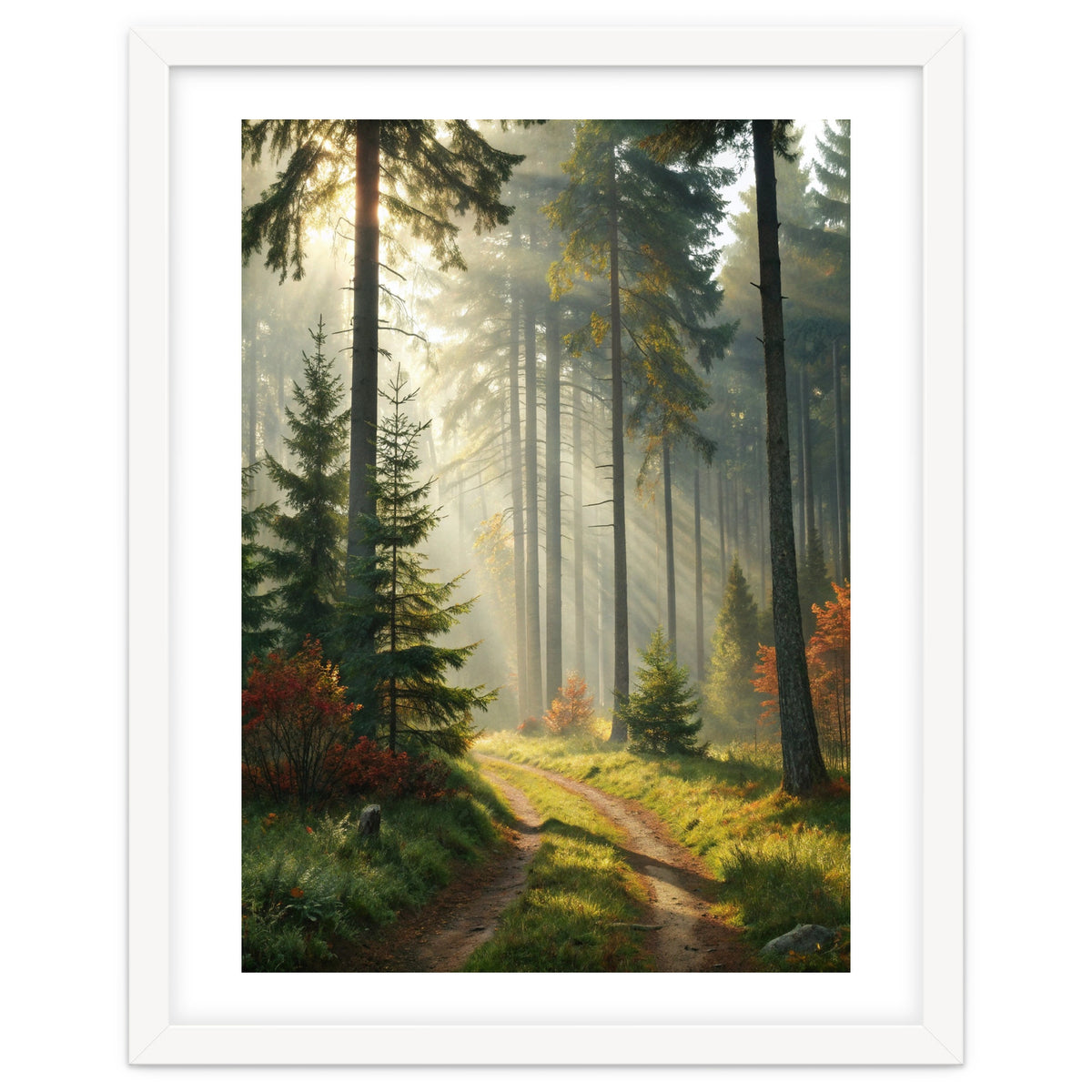 The Golden Path: Ethereal Sunbeams Piercing Through a Misty Evergreen Forest at Dawn