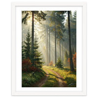 The Golden Path: Ethereal Sunbeams Piercing Through a Misty Evergreen Forest at Dawn