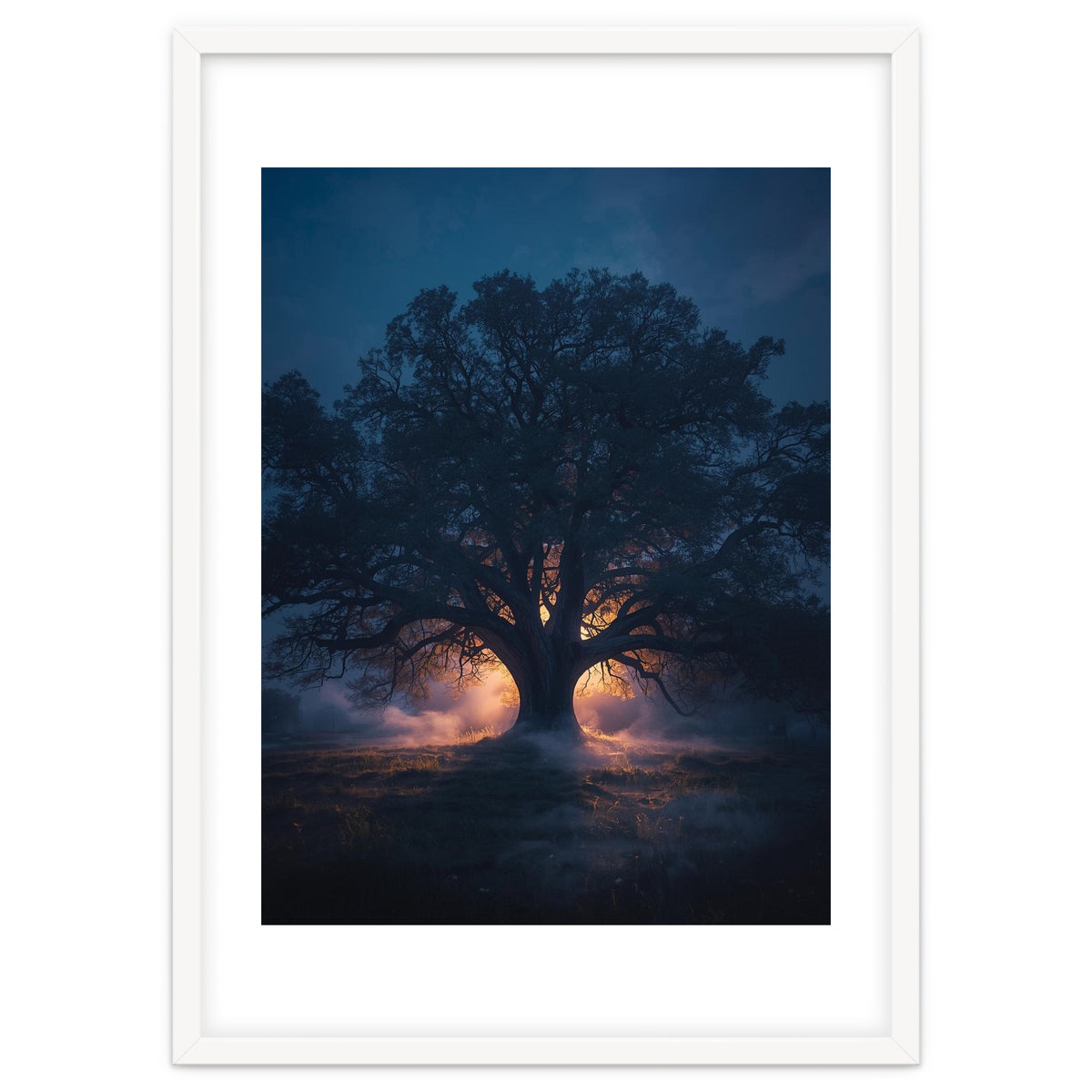 Ancient Mystical Oak Silhouette at Twilight with Ethereal Wisps