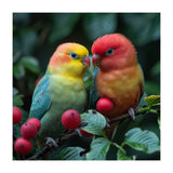 Lovebirds Perched Amidst Red Berries And Green Foliage (Print Only) thumbnail