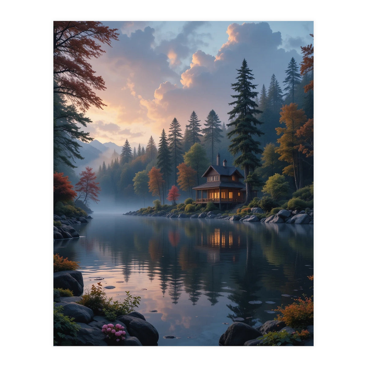 Serene Lakeside Retreat in Autumn Forest (Print Only)