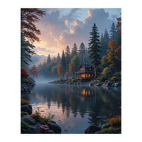 Serene Lakeside Retreat in Autumn Forest (Print Only)