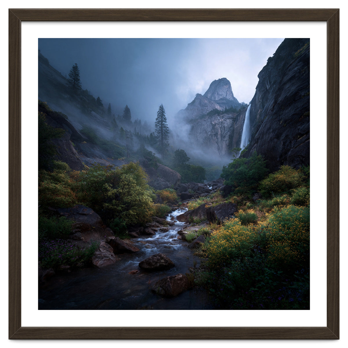 Majestic Misty Mountain Valley with Cascading Waterfall