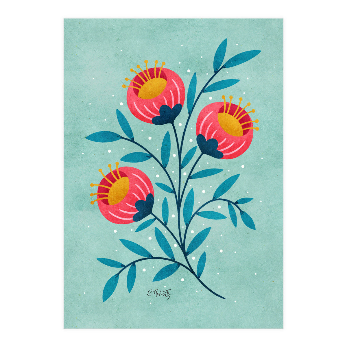 Teal And Coral Flowers (Print Only)