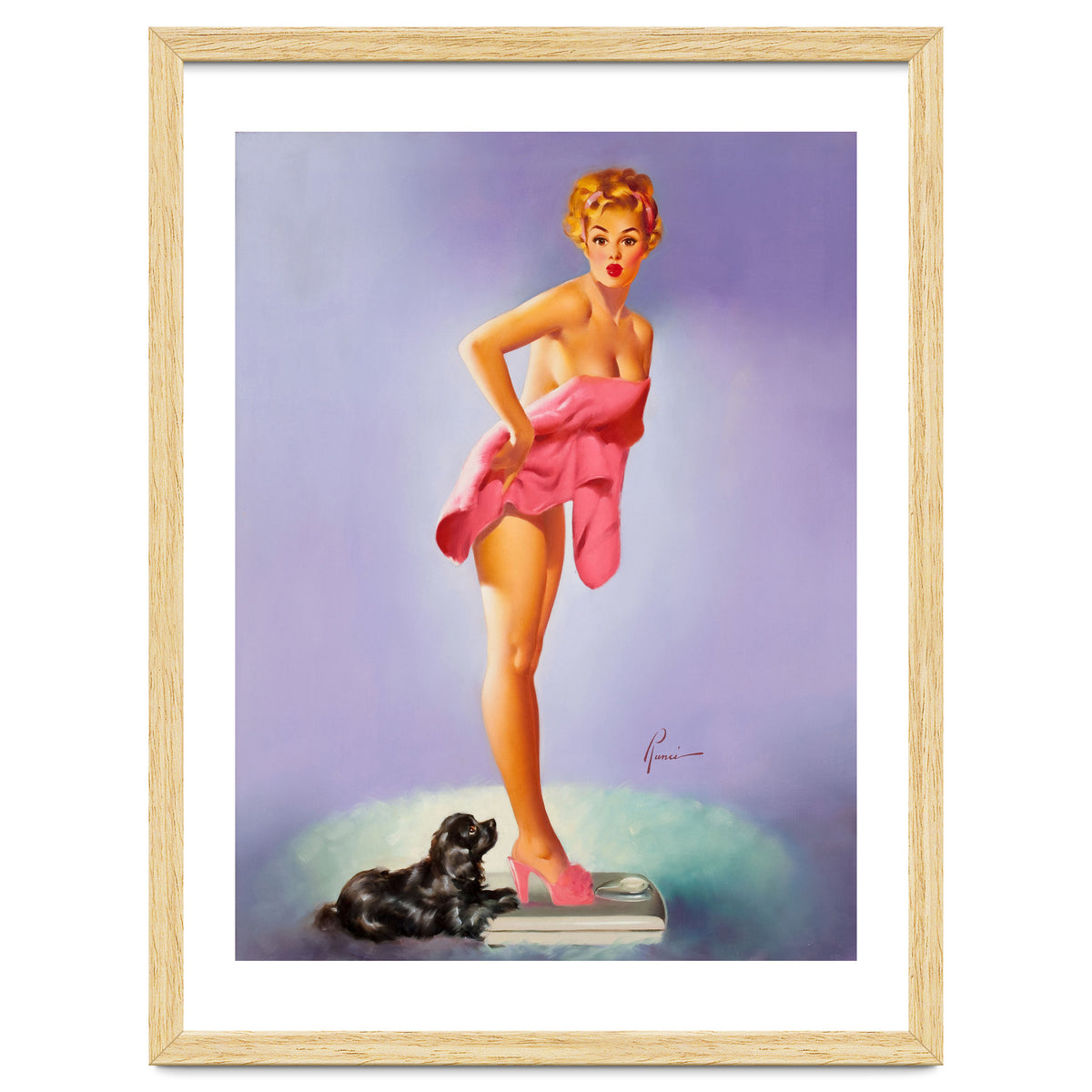 Pinup Girl On A Scale With Her Little Black Dog Behind