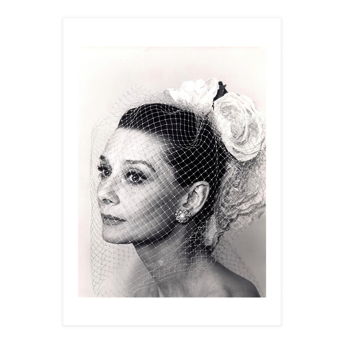 Audrey Hepburn with Veil, Classic Hollywood Glamour Photography, Black and White Icon Portrait (Print Only)