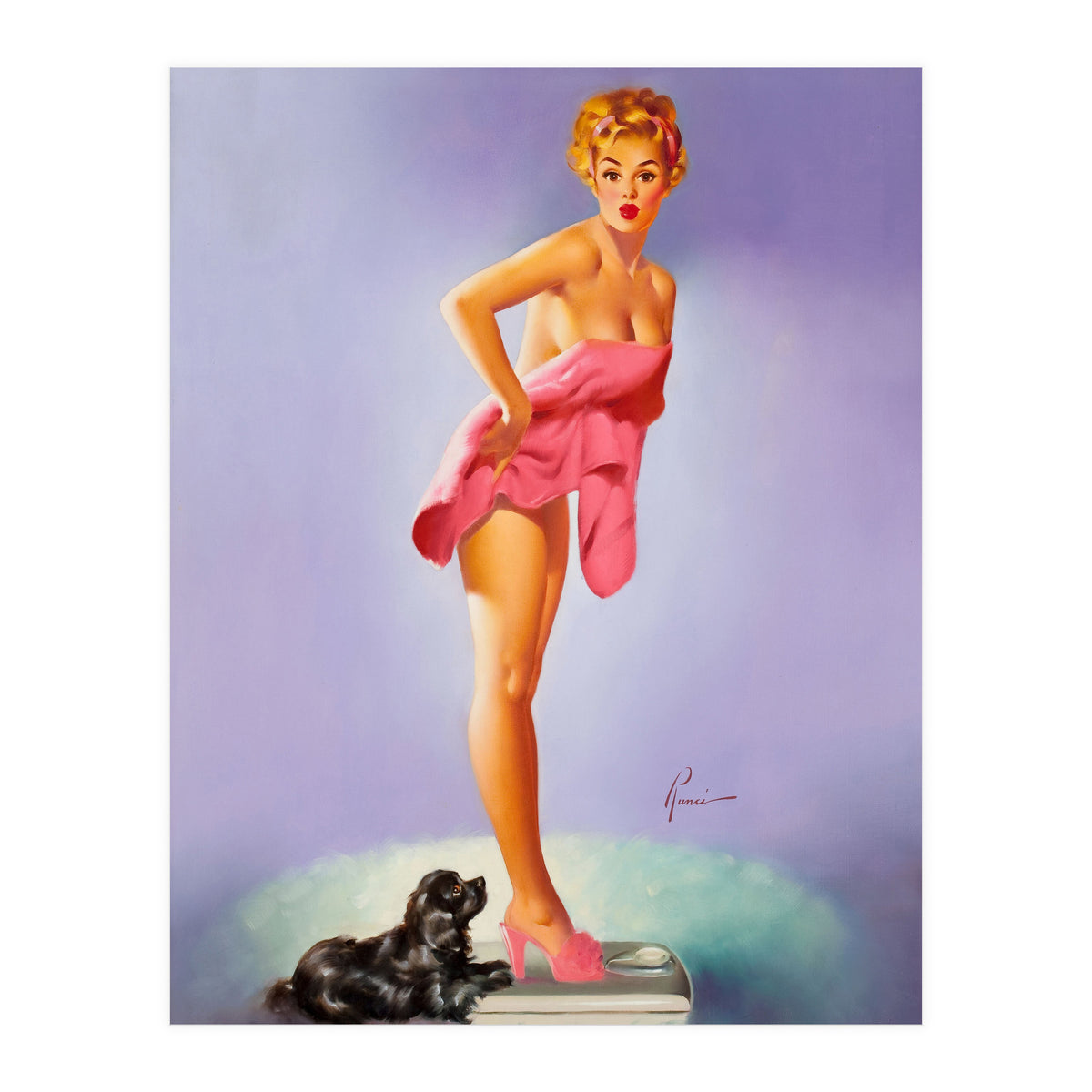 Pinup Girl On A Scale With Her Little Black Dog Behind (Print Only)