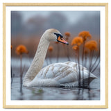 White Swan Swimming In A Lake With Reeds thumbnail