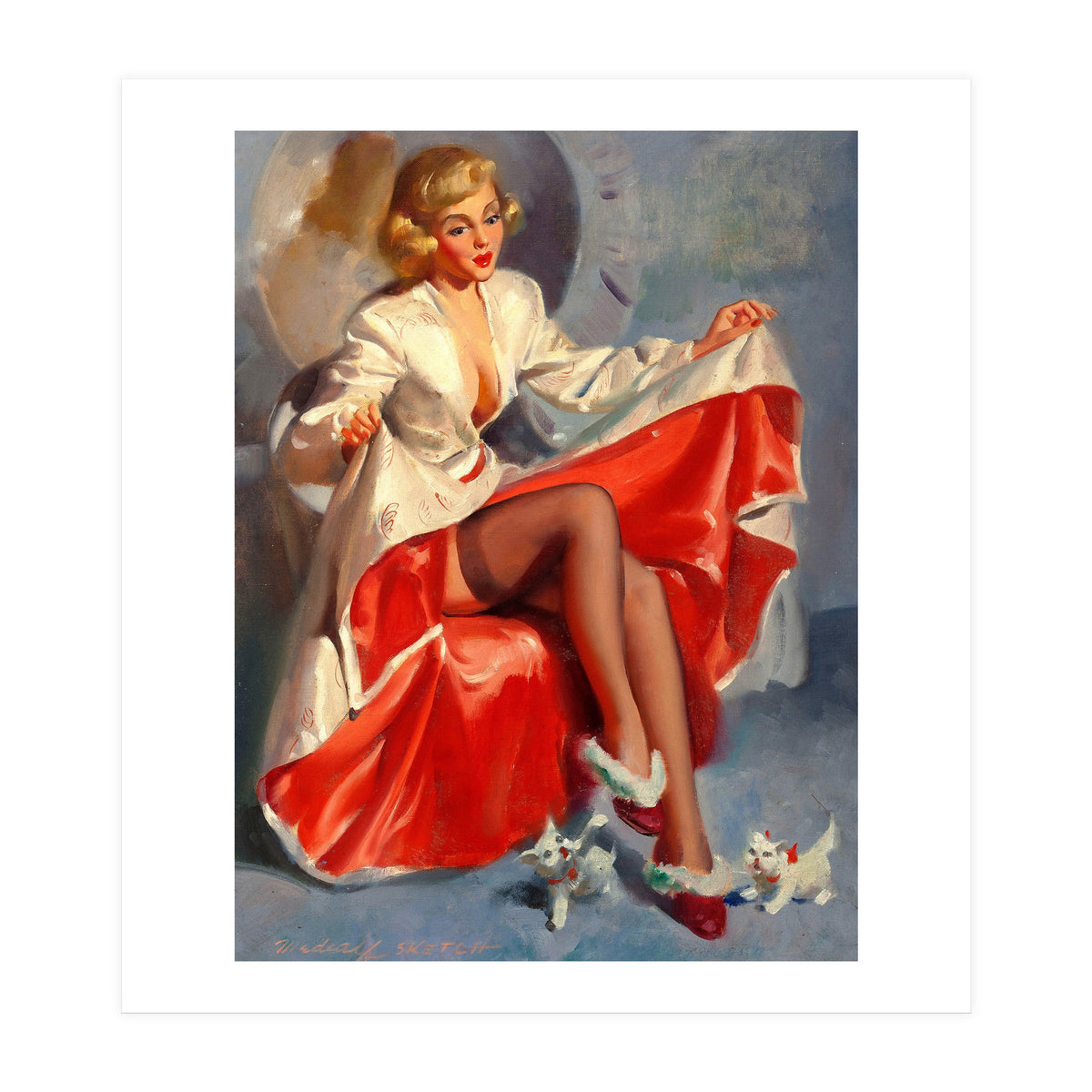 Pinup Girl Playing With Two Little Cats (Print Only)
