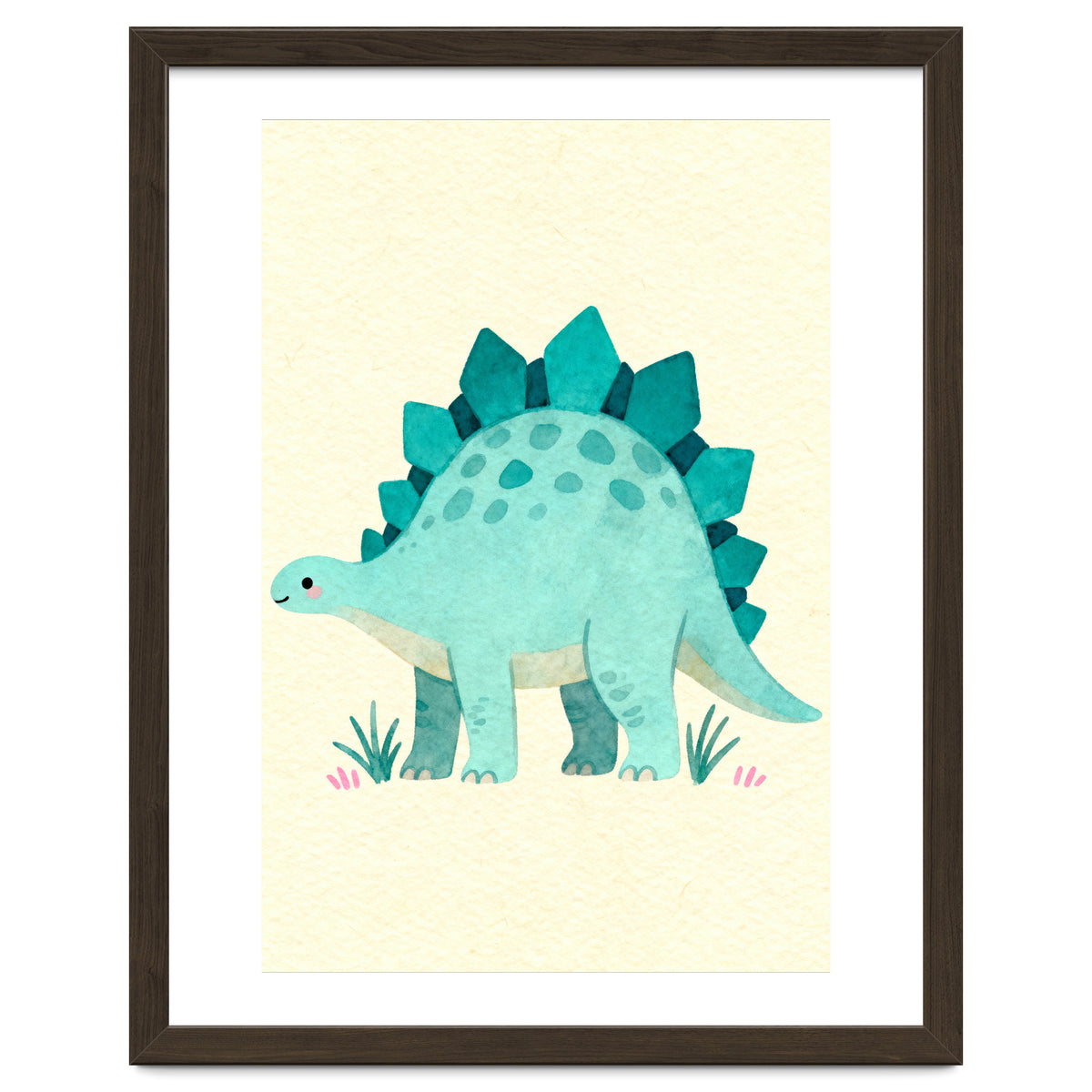 Teal Stegosaurus Watercolor Art, Cute Dinosaur Nursery Print, Whimsical Dino Illustration