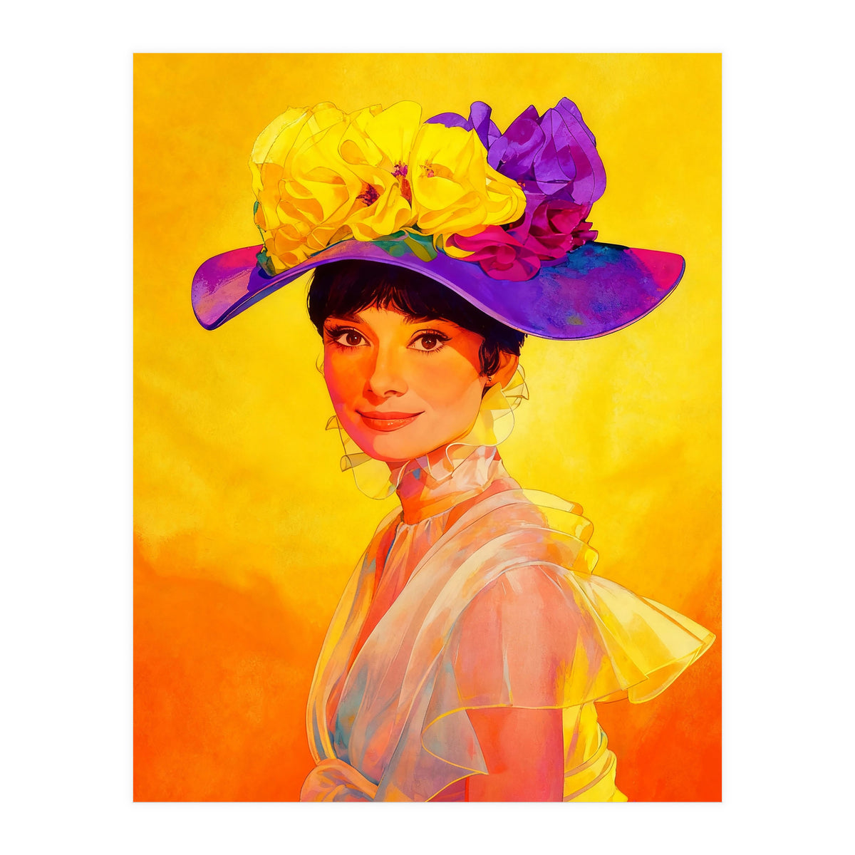Audrey Hepburn Pop Art, Vibrant Floral Hat Portrait, Iconic Movie Star Illustration (Print Only)