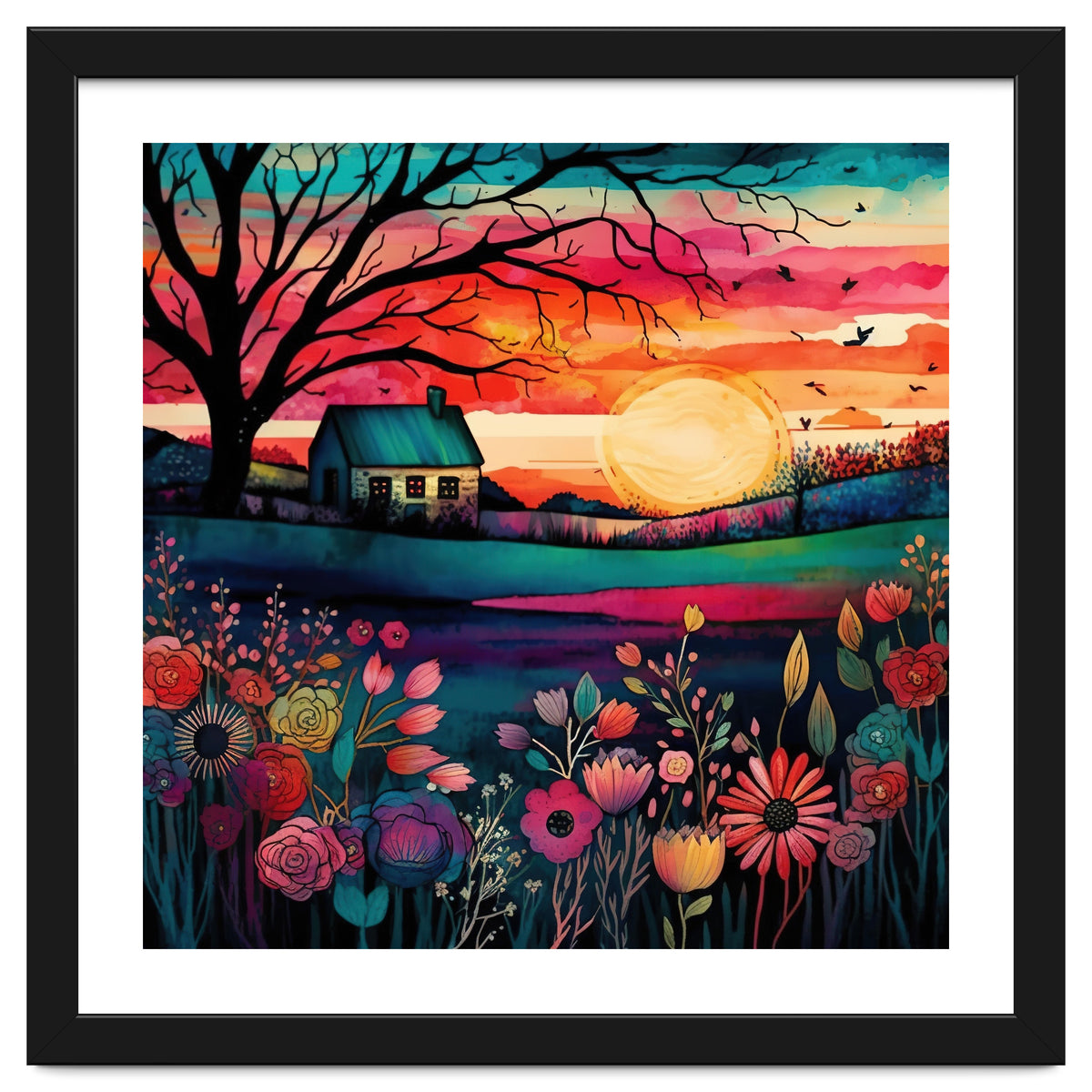 Watercolor Folk Art Sunset Landscape