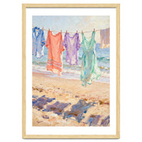 Laundry Drying by the Sea, Colorful Clothes on a Beach Clothesline, Coastal Summer Pastel Painting, Relaxing Ocean Shore Art Print
