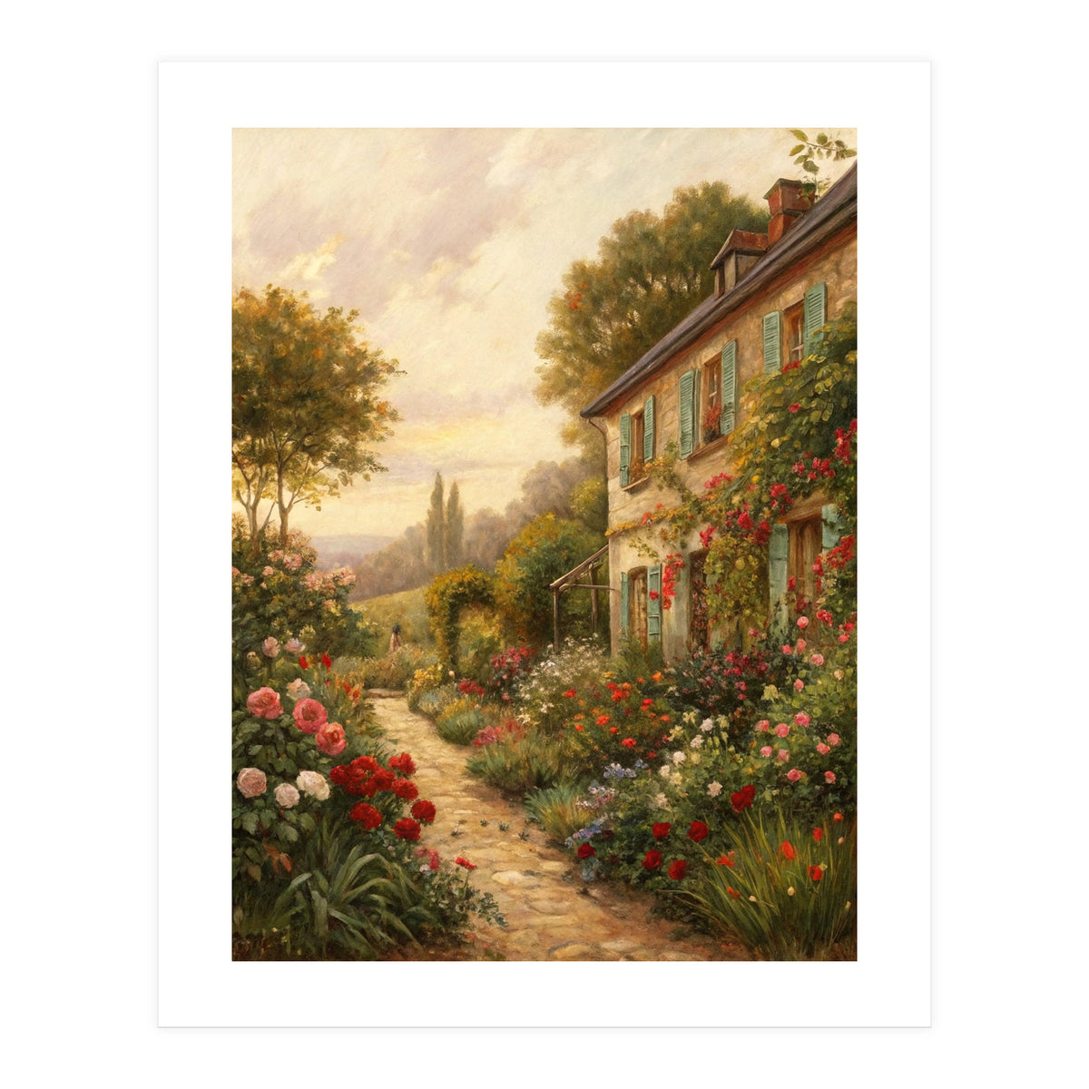 Idyllic Sunlit Cottage Garden Oil Painting (Print Only)
