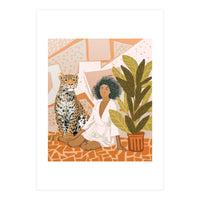 House Guest | Modern Bohemian Black Woman | Urban Jungle Decor | Wild Cat Leopard Pet | Plant Lady (Print Only)