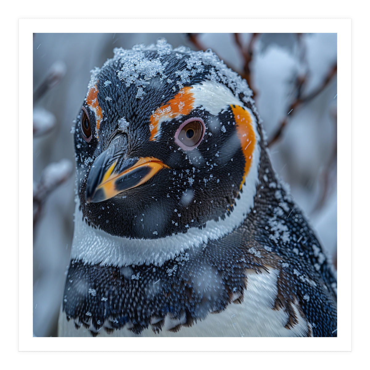 Penguin In Snow Falling Close Up Portrait (Print Only)