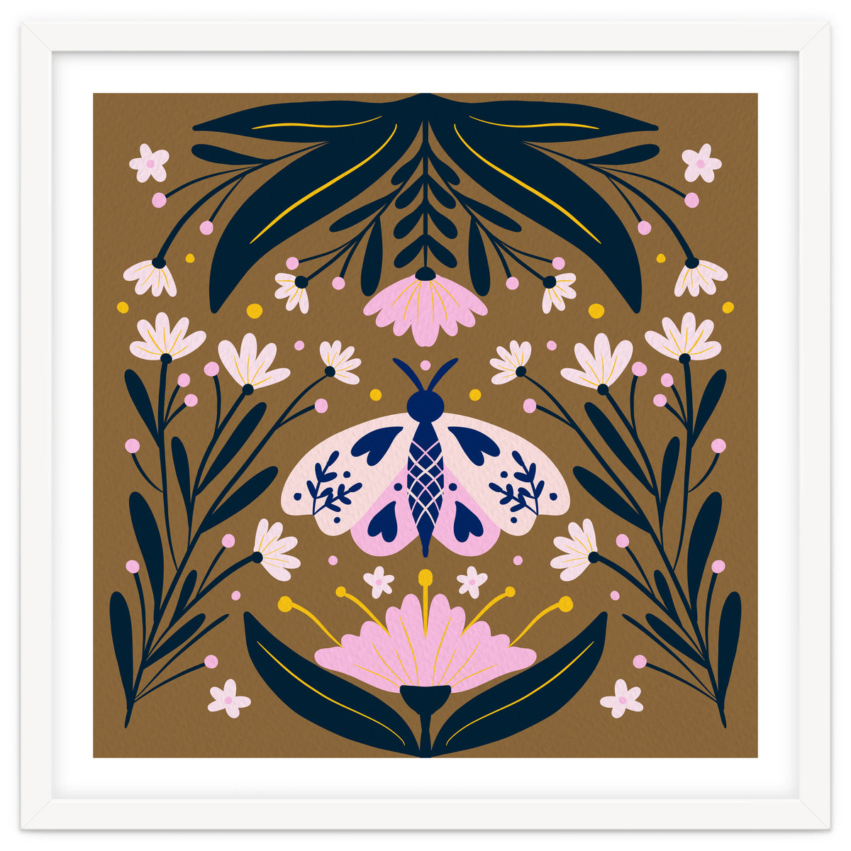 Pink Moth with Flowers on a brown background