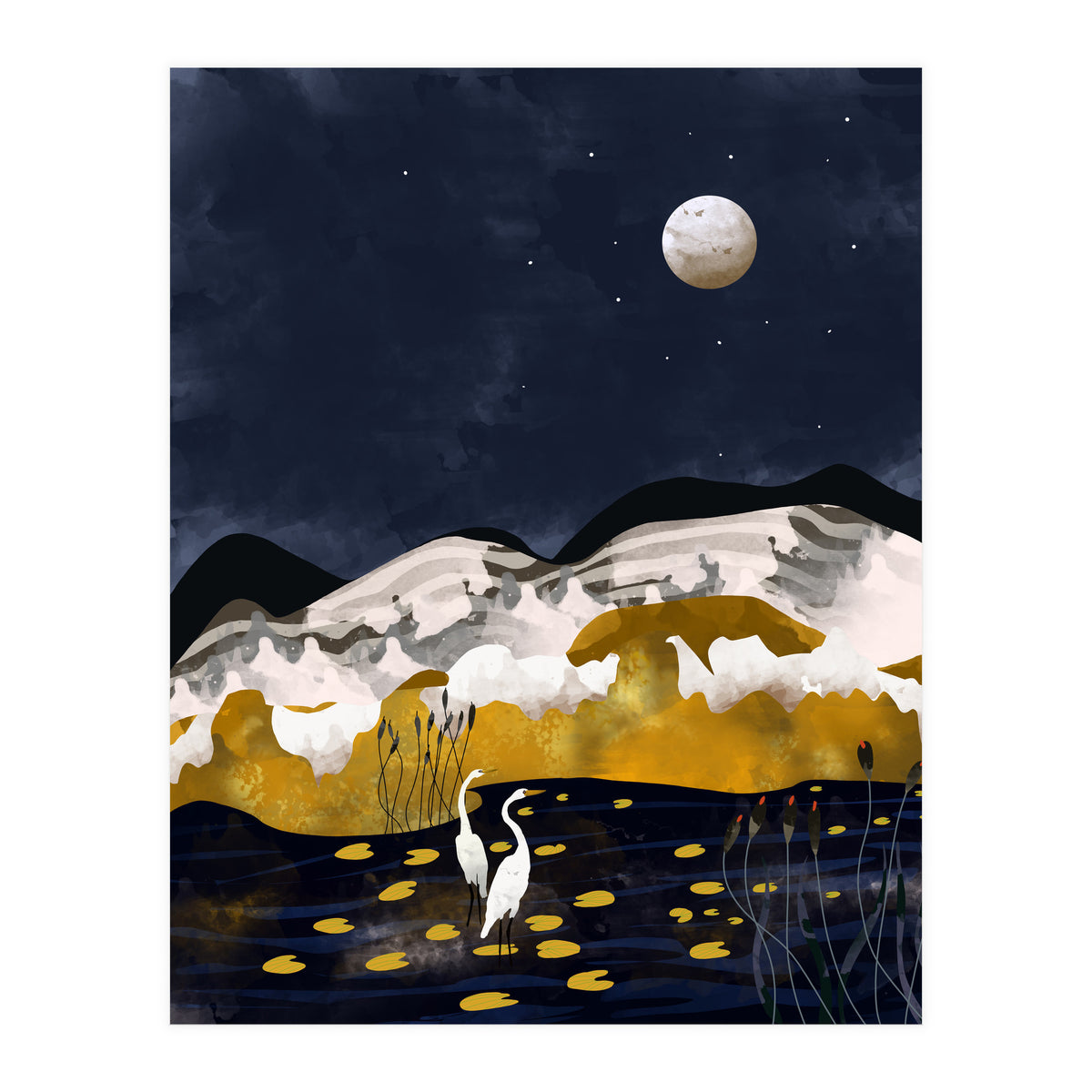 Midnight Lake, Stork Wildlife Animals Abstract Painting, Nature Landscape Travel Adventure Full Moon Night, Eclectic Gold Birds Magical Bohemian (Print Only)