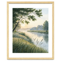 Serene River Sunrise Watercolor Painting with Meadow Grasses and Warm Golden Atmosphere Landscape