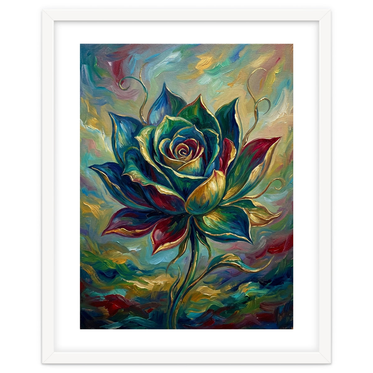 Enchanted Teal and Gold Rose Impasto Oil Painting