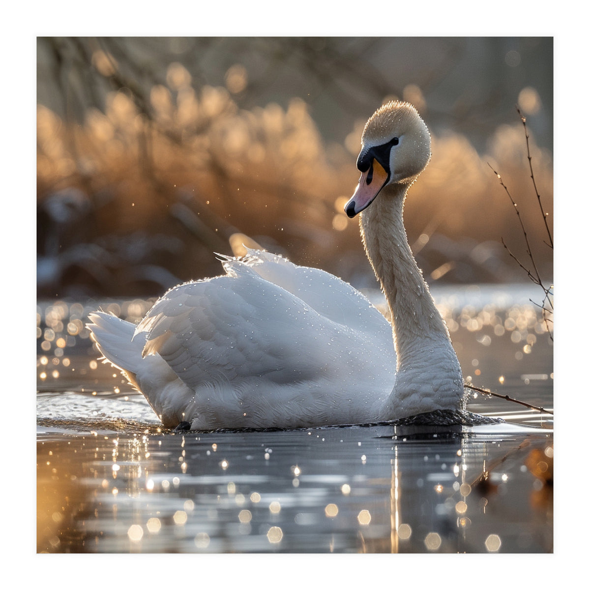 Majestic Swan On Calm Water During Sunset Nature Scene (Print Only)