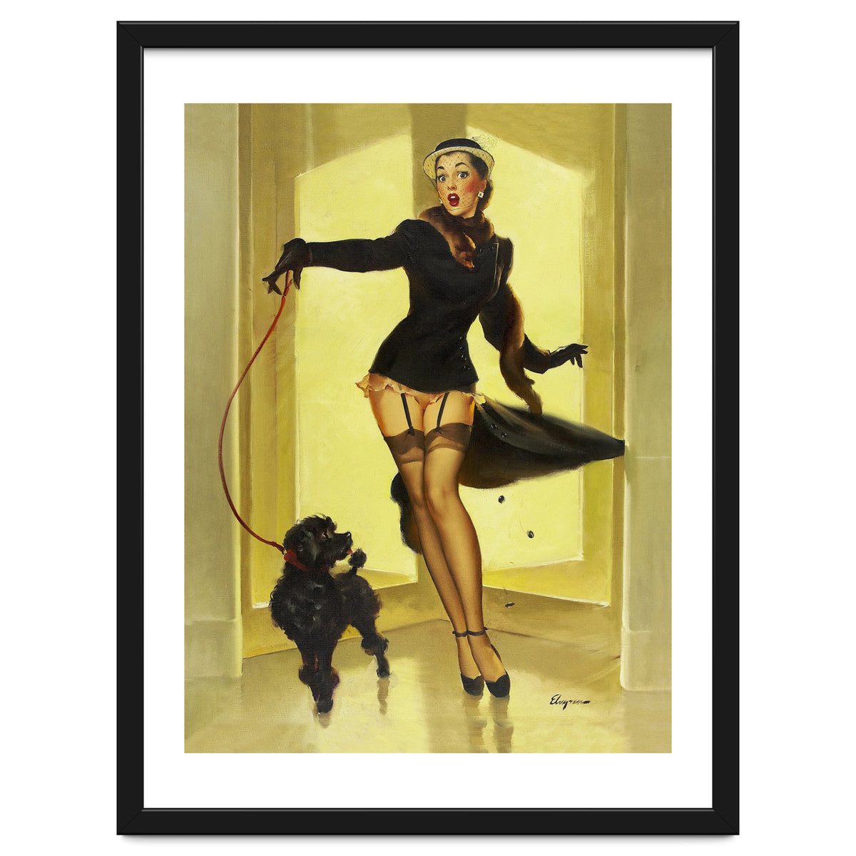 Pinup Girl In Black Dress On A Hall Experiencing Sudden Wind