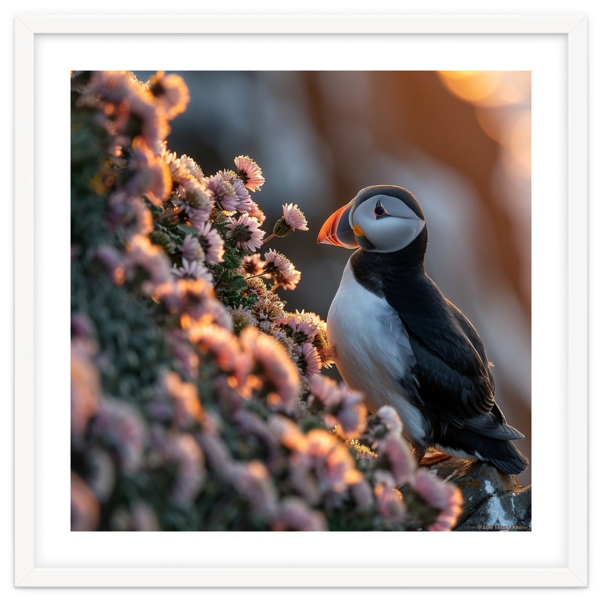 Puffin Bird On Rocks Near Pink Flowers At Sunset