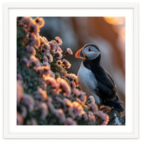 Puffin Bird On Rocks Near Pink Flowers At Sunset