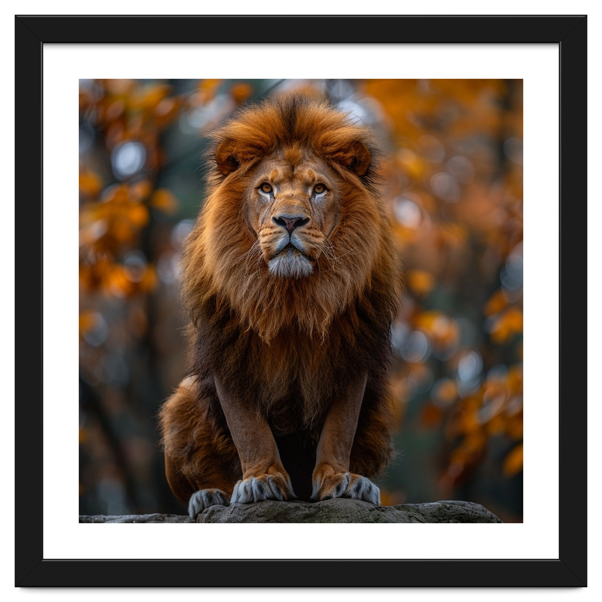 Majestic Lion Sitting On A Rock In Autumn Forest