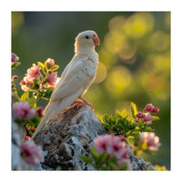Albino Parrot Perched On A Rock Amongst Flowers (Print Only)