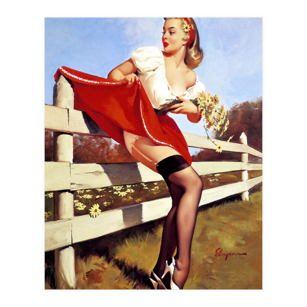 Pinup Girl Stacked On The Farm Fance (Print Only)