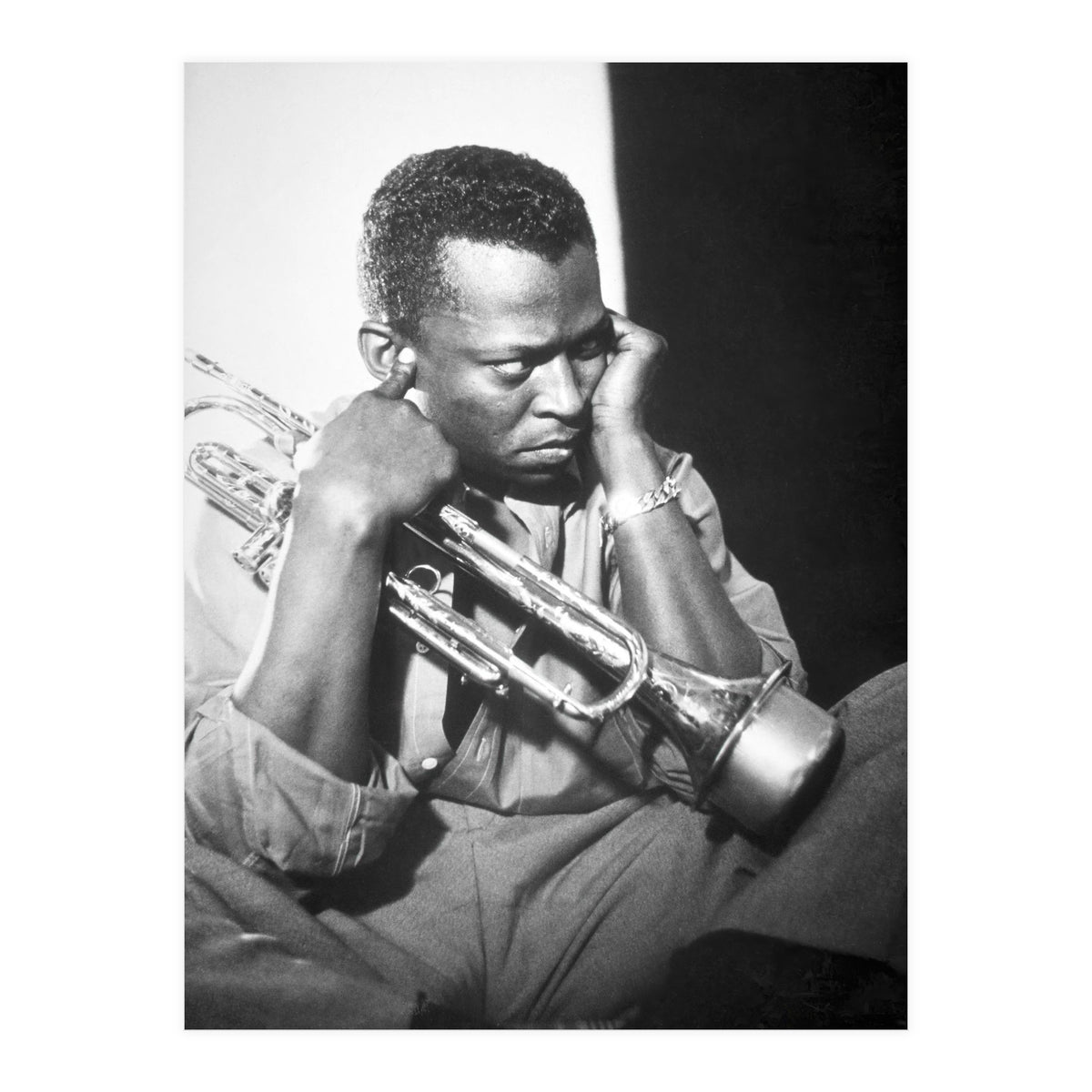 Jazz trumpeter Miles Davis early in his career playing in New York City, circa 1955. (Print Only)
