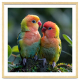 Lovebirds Pair Perched On Mossy Branch Outdoors thumbnail
