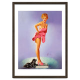 Pinup Girl On A Scale With Her Little Black Dog Behind thumbnail