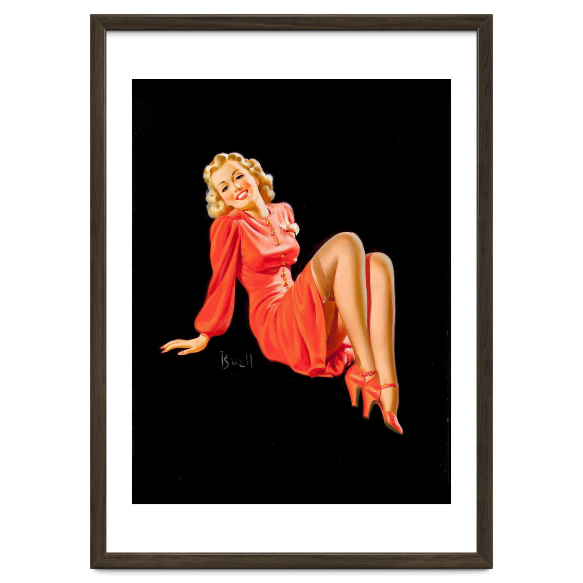 Smiling Pinup Woman Posing In Red Dress