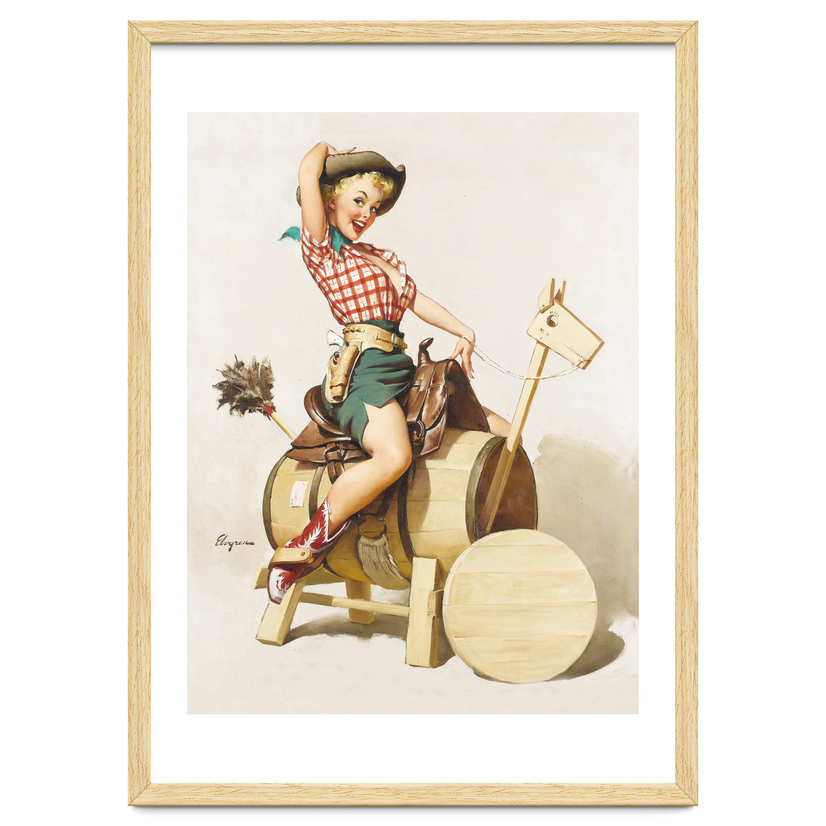 Pinup Cowgirl Riding A Wooden Horse Made Of Barrel