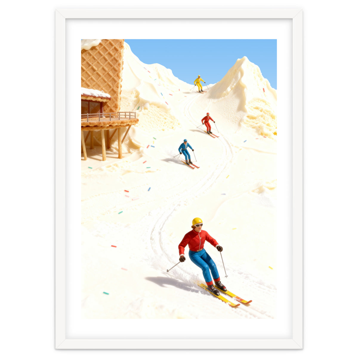 Skiing on Ice Cream Mountains, Miniature Skiers Winter Art Print for Kitchen Decor