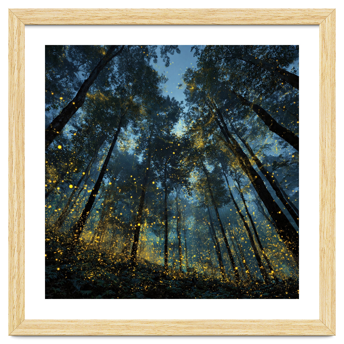 Celestial Forest Canopy with Swirling Golden Fireflies and Deep Twilight Blue Sky Digital Art