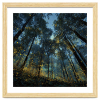 Celestial Forest Canopy with Swirling Golden Fireflies and Deep Twilight Blue Sky Digital Art