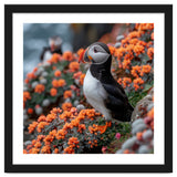Atlantic Puffin Bird Perched On Orange Flowers thumbnail