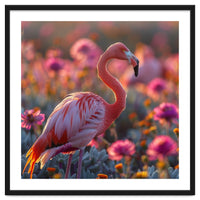 Pink Flamingo Standing In A Field Of Flowers