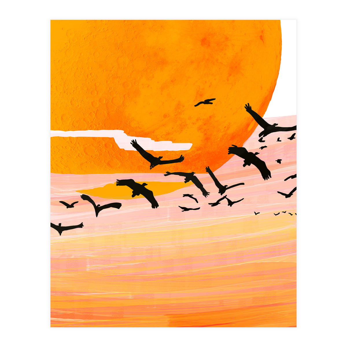 Time Flies, Birds Wildlife Fly Freedom Nature, Sun Sunset Sunrise Positivity Hope Painting, Growth Migrate Gift Animals Blush Sky Bohemian (Print Only)