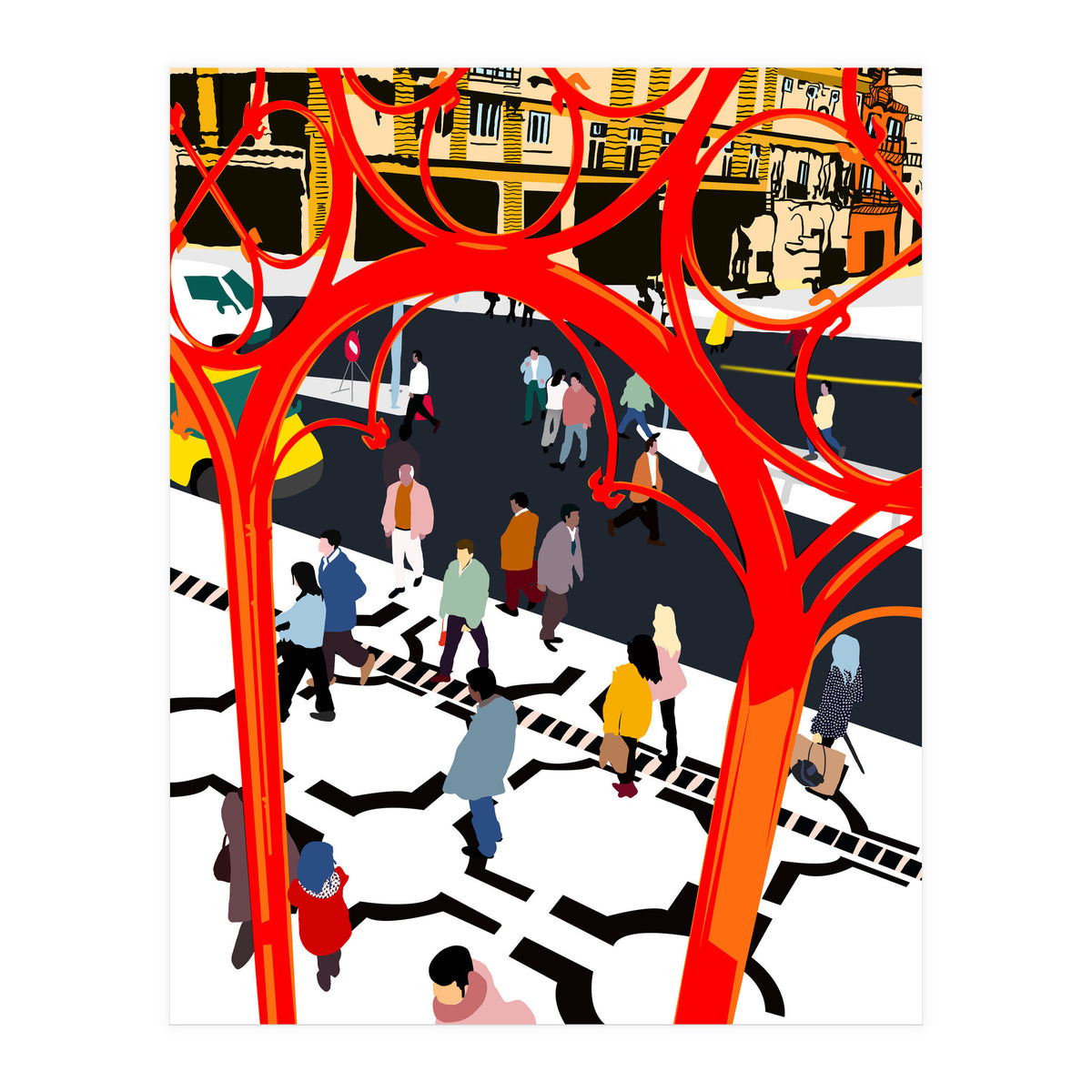 City Street, Eclectic Architecture Buildings Busy New York, People Work Office Daily Life Boho Contemporary Traffic Gifts (Print Only)