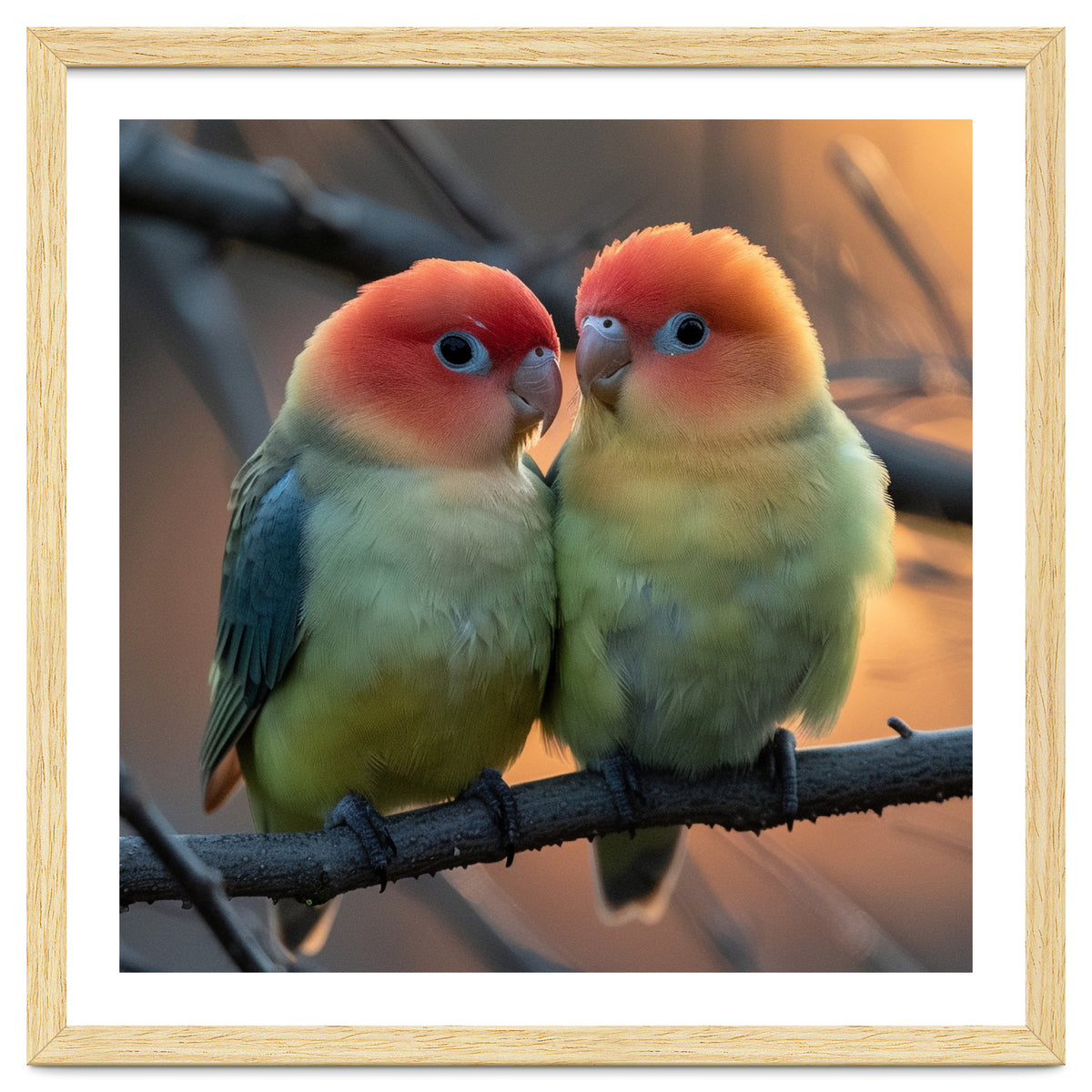Two Lovebirds Perched On A Branch At Sunset