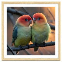 Two Lovebirds Perched On A Branch At Sunset