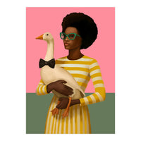 Stylish Woman Holding Goose In Striped Dress (Print Only)