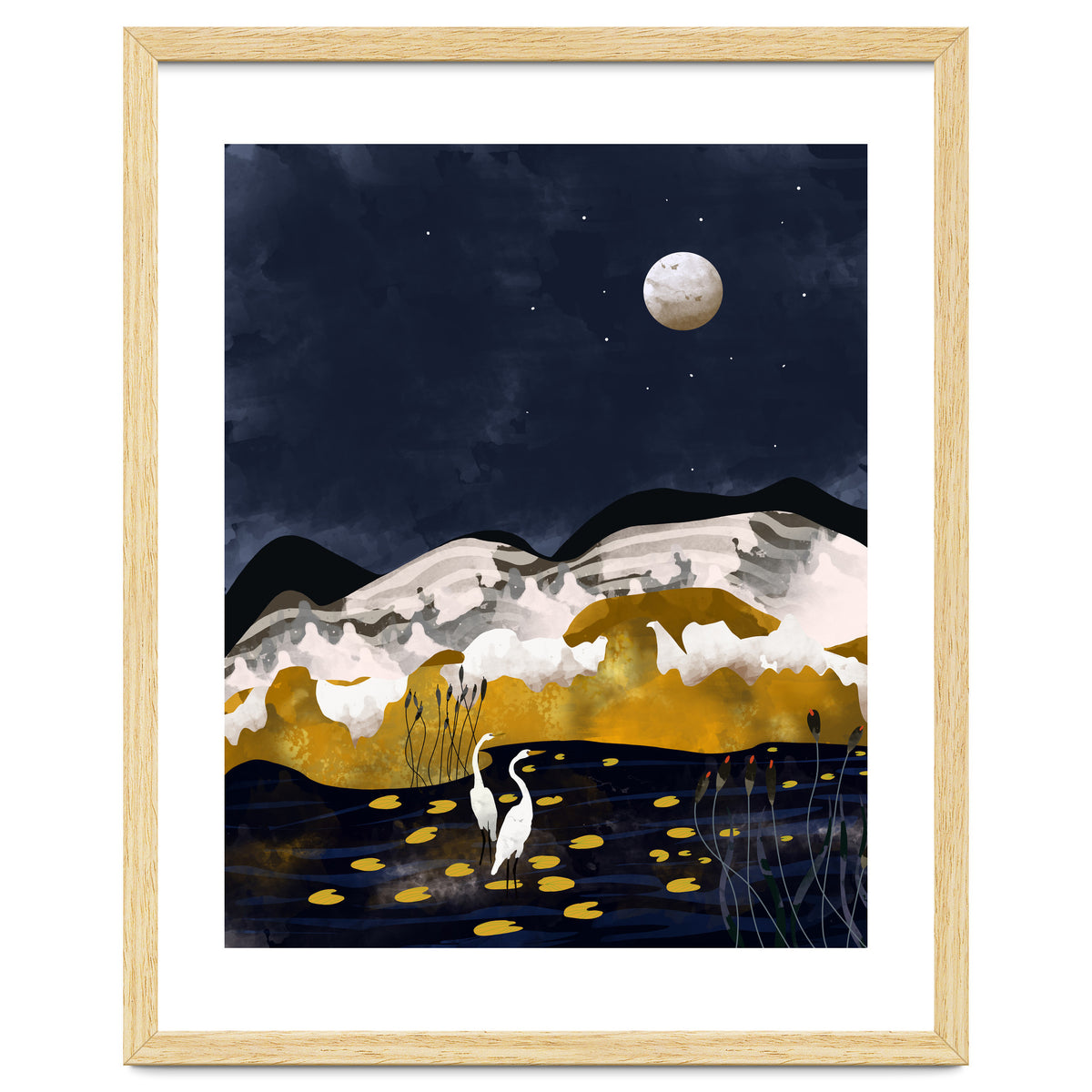 Midnight Lake, Stork Wildlife Animals Abstract Painting, Nature Landscape Travel Adventure Full Moon Night, Eclectic Gold Birds Magical Bohemian